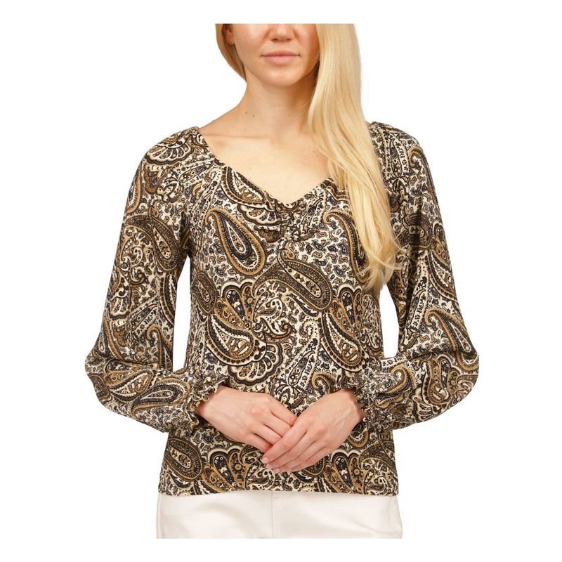 Michael Michael Kors Womens Beige Elastic Cuffs Long Sleeve Top Petites Ps